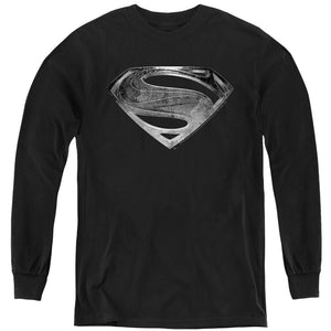 AN OFFCIALLY LICENSED JUSTICE LEAGUE MOVIE SUPERMAN SYMBOL BLACK SUIT YOUTH LONG SLEEVE T-SHIRT BLACK
