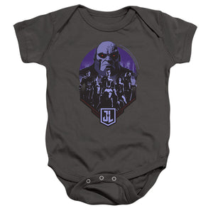 AN OFFCIALLY LICENSED JUSTICE LEAGUE MOVIE JUSTICE LEAGUE AND DARKSEID BABY BODYSUIT CHARCOAL
