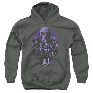 AN OFFCIALLY LICENSED JUSTICE LEAGUE MOVIE JUSTICE LEAGUE AND DARKSEID YOUTH HOODIE CHARCOAL