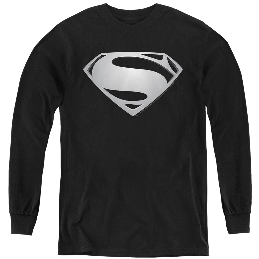 AN OFFCIALLY LICENSED JUSTICE LEAGUE MOVIE SUPERMAN SYMBOL BLACK SUIT 2 YOUTH LONG SLEEVE T-SHIRT BLACK