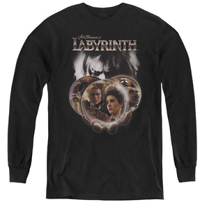 AN OFFCIALLY LICENSED LABYRINTH GLOBES YOUTH LONG SLEEVE T-SHIRT BLACK