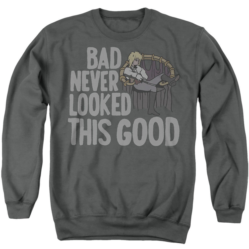 AN OFFCIALLY LICENSED LABYRINTH BAD NEVER LOOKED THIS GOOD ADULT UNISEX CREWNECK SWEATSHIRT CHARCOAL