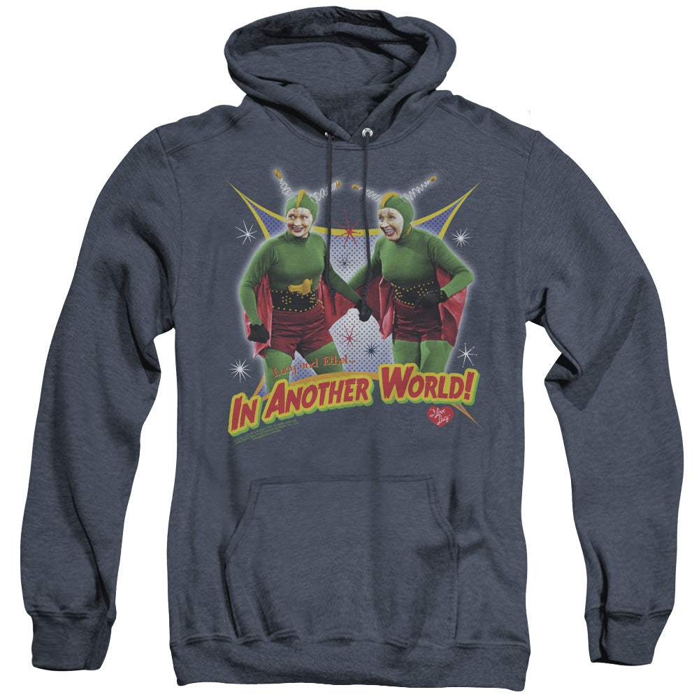 AN OFFCIALLY LICENSED I LOVE LUCY IN ANOTHER WORLD ADULT UNISEX HEATHER PULLOVER HOODIE NAVY