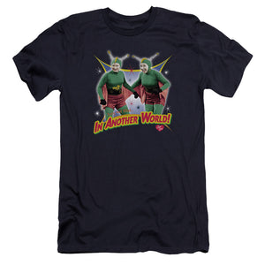 AN OFFCIALLY LICENSED I LOVE LUCY IN ANOTHER WORLD MEN'S PREMIUM SLIM FIT T-SHIRT NAVY