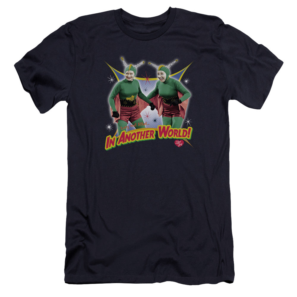 AN OFFCIALLY LICENSED I LOVE LUCY IN ANOTHER WORLD MEN'S PREMIUM SLIM FIT T-SHIRT NAVY