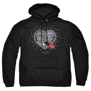 AN OFFCIALLY LICENSED I LOVE LUCY HEARTS AND DOTS ADULT UNISEX PULLOVER HOODIE BLACK