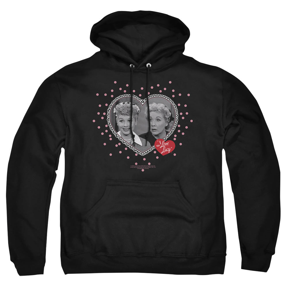 AN OFFCIALLY LICENSED I LOVE LUCY HEARTS AND DOTS ADULT UNISEX PULLOVER HOODIE BLACK