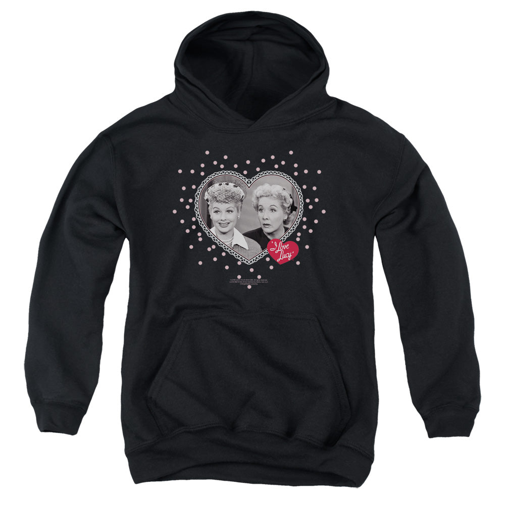 AN OFFCIALLY LICENSED I LOVE LUCY HEARTS AND DOTS YOUTH HOODIE BLACK