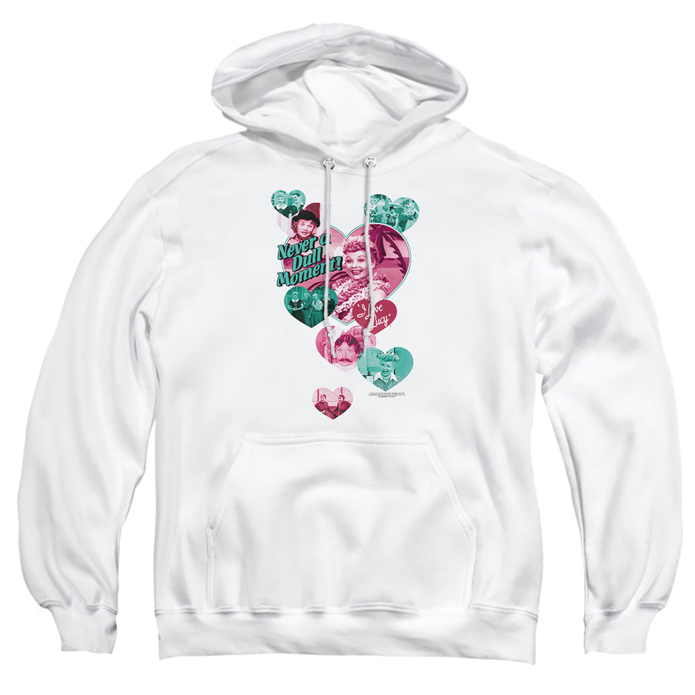 AN OFFCIALLY LICENSED I LOVE LUCY NEVER A DULL MOMENT ADULT UNISEX PULLOVER HOODIE WHITE