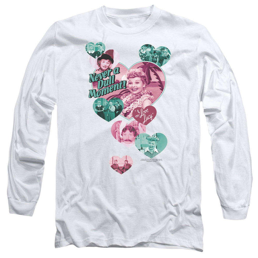 AN OFFCIALLY LICENSED I LOVE LUCY NEVER A DULL MOMENT MEN'S LONG SLEEVE T-SHIRT WHITE