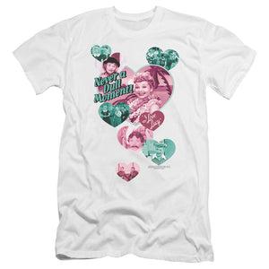 AN OFFCIALLY LICENSED I LOVE LUCY NEVER A DULL MOMENT MEN'S PREMIUM SLIM FIT T-SHIRT WHITE