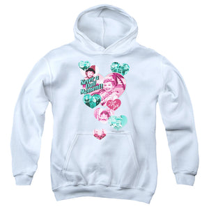 AN OFFCIALLY LICENSED I LOVE LUCY NEVER A DULL MOMENT YOUTH HOODIE WHITE