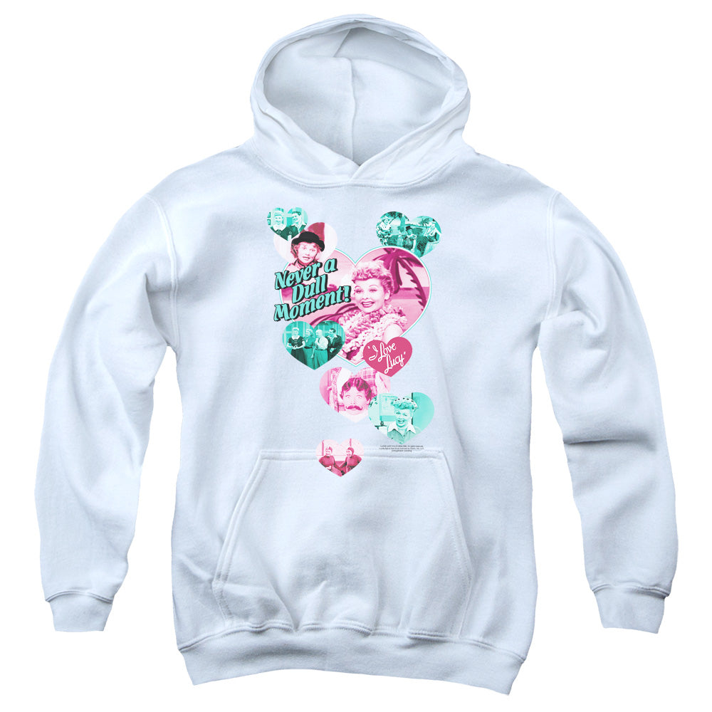 AN OFFCIALLY LICENSED I LOVE LUCY NEVER A DULL MOMENT YOUTH HOODIE WHITE