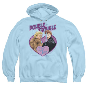 AN OFFCIALLY LICENSED I LOVE LUCY DOUBLE TROUBLE ADULT UNISEX PULLOVER HOODIE LIGHT BLUE