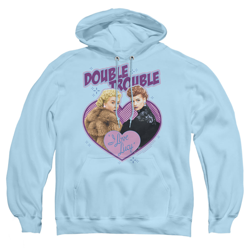 AN OFFCIALLY LICENSED I LOVE LUCY DOUBLE TROUBLE ADULT UNISEX PULLOVER HOODIE LIGHT BLUE