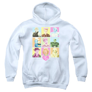 AN OFFCIALLY LICENSED I LOVE LUCY SO MANY FACES YOUTH HOODIE WHITE