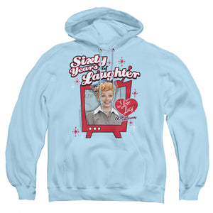 AN OFFCIALLY LICENSED I LOVE LUCY 60 YEARS OF LAUGHTER ADULT UNISEX PULLOVER HOODIE LIGHT BLUE