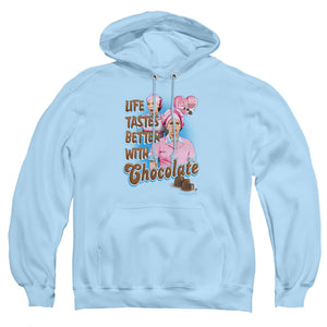 AN OFFCIALLY LICENSED I LOVE LUCY BETTER WITH CHOCOLATE ADULT UNISEX PULLOVER HOODIE LIGHT BLUE