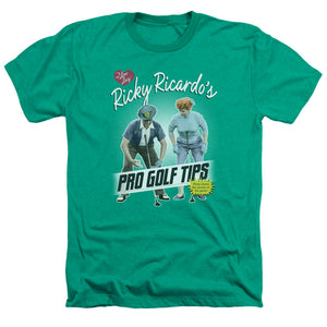 AN OFFCIALLY LICENSED I LOVE LUCY PRO GOLF TIPS MEN'S HEATHER T-SHIRT KELLY GREEN