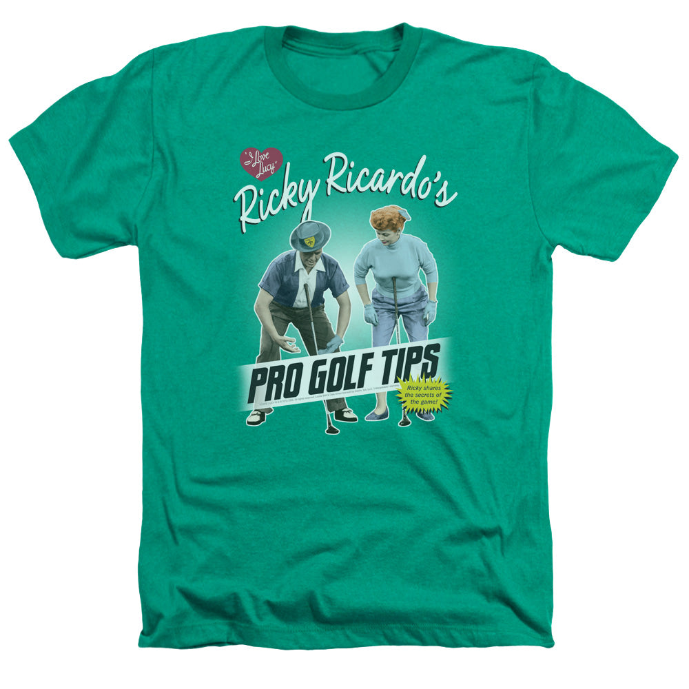 AN OFFCIALLY LICENSED I LOVE LUCY PRO GOLF TIPS MEN'S HEATHER T-SHIRT KELLY GREEN