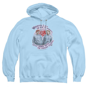 AN OFFCIALLY LICENSED I LOVE LUCY LUCYS WORKOUT ADULT UNISEX PULLOVER HOODIE LIGHT BLUE