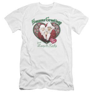 AN OFFCIALLY LICENSED I LOVE LUCY SEASONS GREETINGS MEN'S PREMIUM SLIM FIT T-SHIRT WHITE