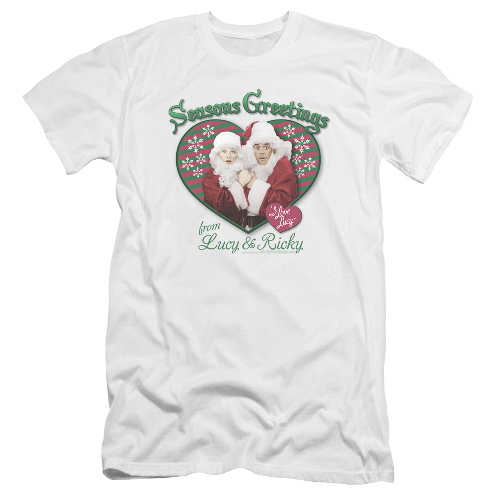 AN OFFCIALLY LICENSED I LOVE LUCY SEASONS GREETINGS MEN'S PREMIUM SLIM FIT T-SHIRT WHITE