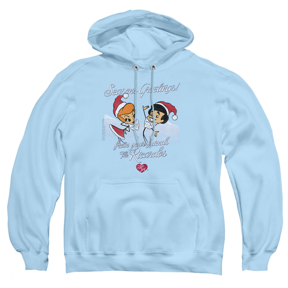 AN OFFCIALLY LICENSED I LOVE LUCY ANIMATED CHRISTMAS ADULT UNISEX PULLOVER HOODIE LIGHT BLUE