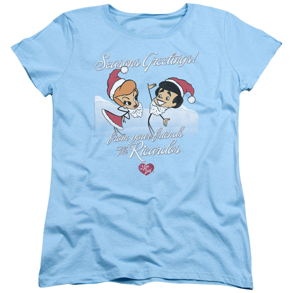 AN OFFCIALLY LICENSED I LOVE LUCY ANIMATED CHRISTMAS WOMEN'S REGULAR FIT T-SHIRT LIGHT BLUE