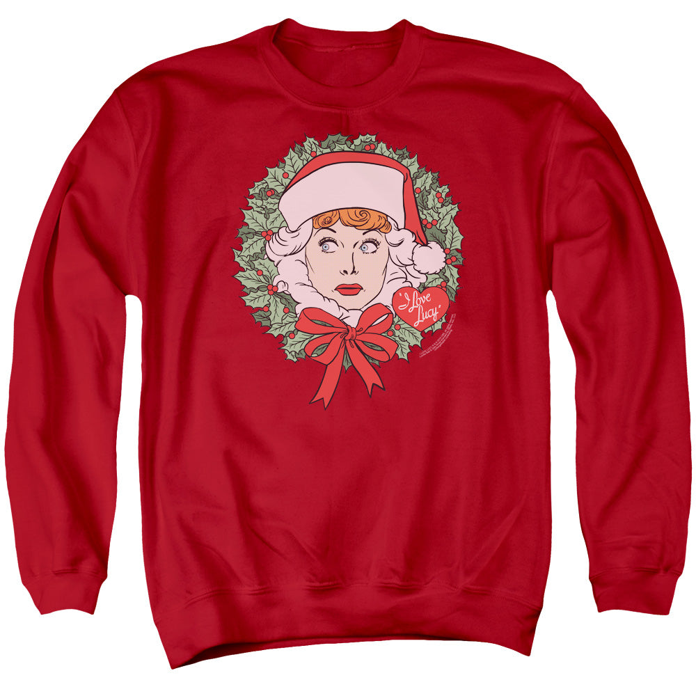 AN OFFCIALLY LICENSED I LOVE LUCY WREATH ADULT UNISEX CREWNECK SWEATSHIRT RED