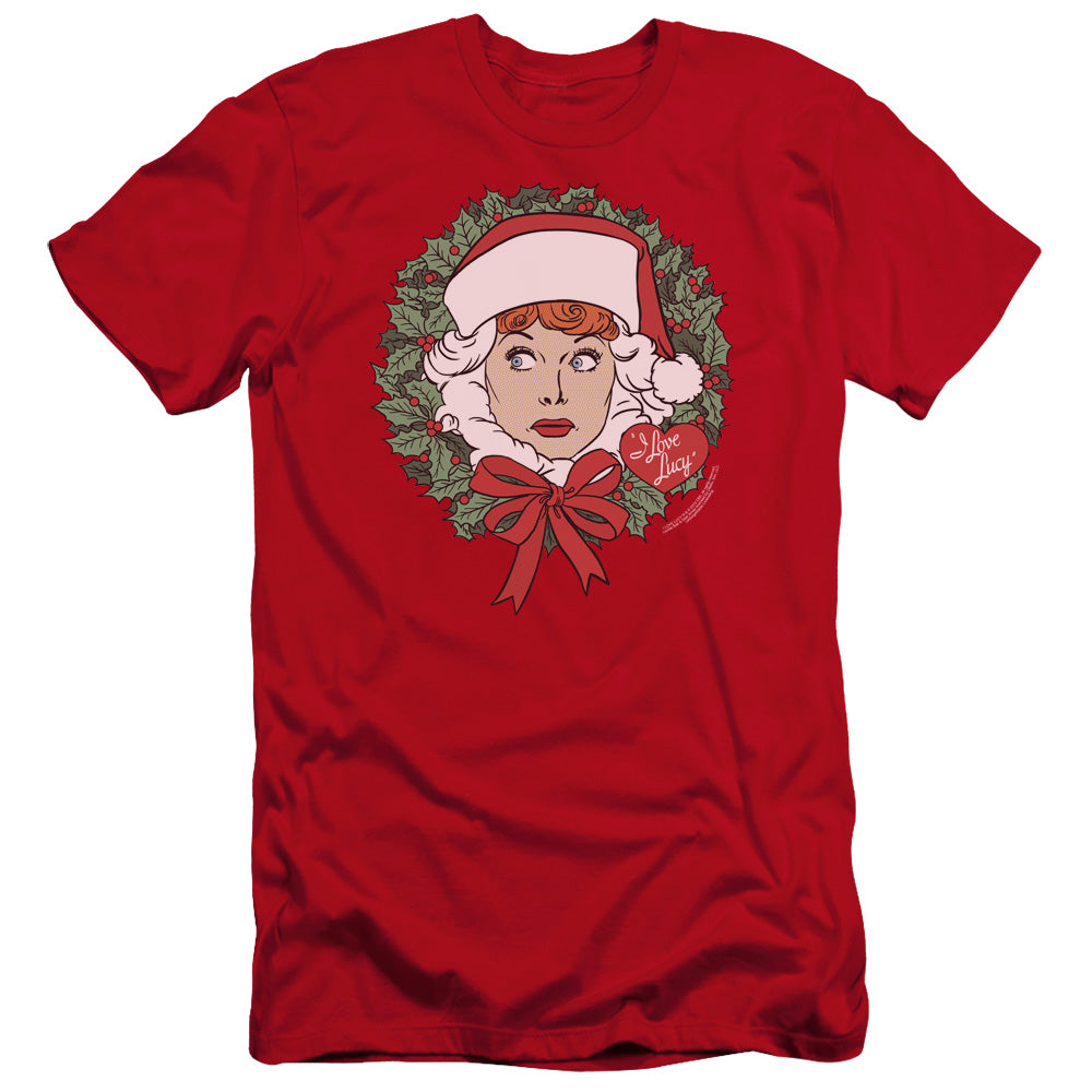 AN OFFCIALLY LICENSED I LOVE LUCY WREATH MEN'S PREMIUM SLIM FIT T-SHIRT RED