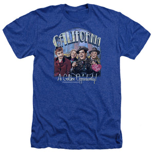 AN OFFCIALLY LICENSED I LOVE LUCY GOLDEN OPPORTUNITY MEN'S HEATHER T-SHIRT ROYAL