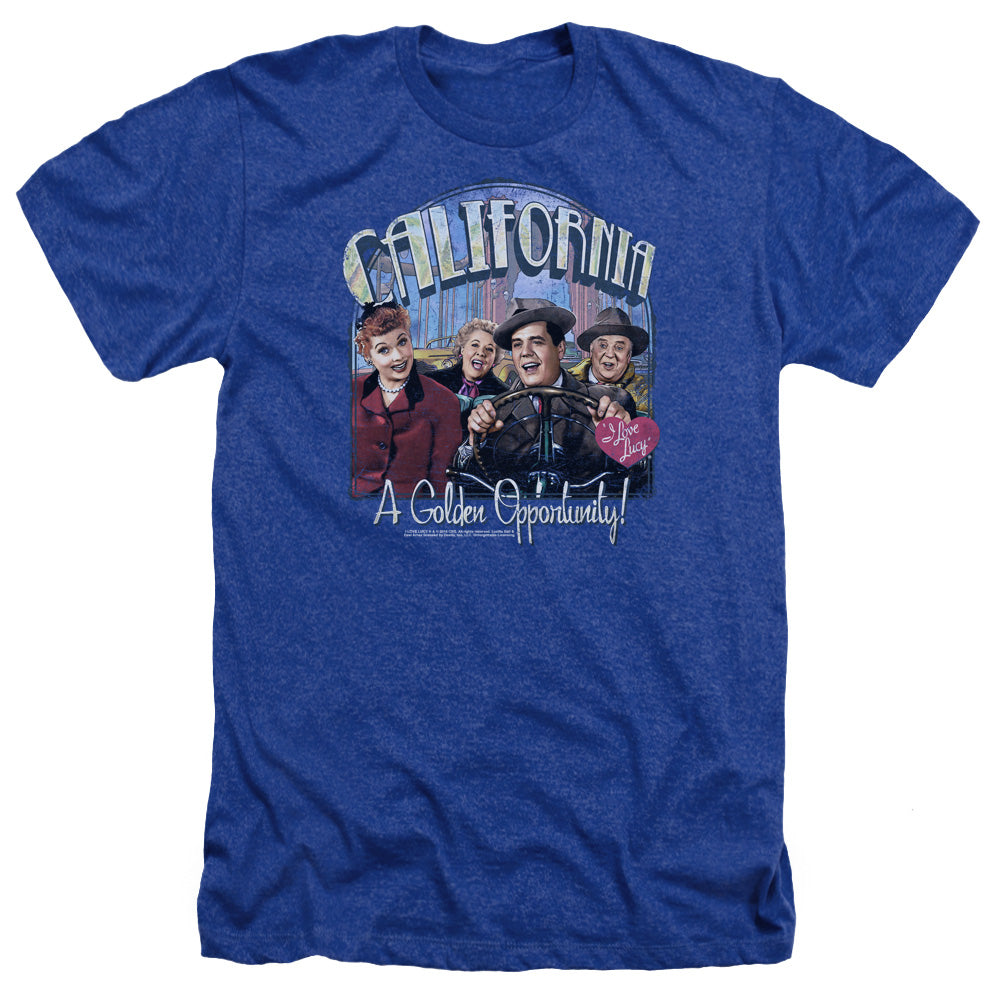 AN OFFCIALLY LICENSED I LOVE LUCY GOLDEN OPPORTUNITY MEN'S HEATHER T-SHIRT ROYAL