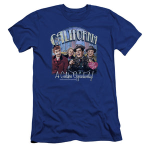 AN OFFCIALLY LICENSED I LOVE LUCY GOLDEN OPPORTUNITY MEN'S PREMIUM SLIM FIT T-SHIRT ROYAL