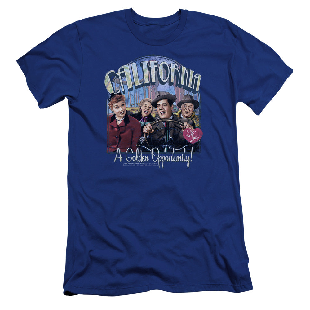 AN OFFCIALLY LICENSED I LOVE LUCY GOLDEN OPPORTUNITY MEN'S PREMIUM SLIM FIT T-SHIRT ROYAL