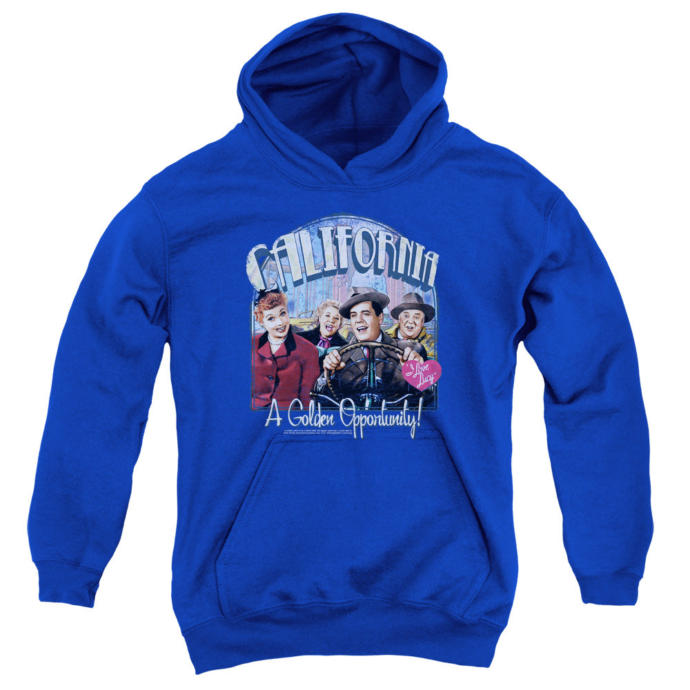 AN OFFCIALLY LICENSED I LOVE LUCY GOLDEN OPPORTUNITY YOUTH HOODIE ROYAL
