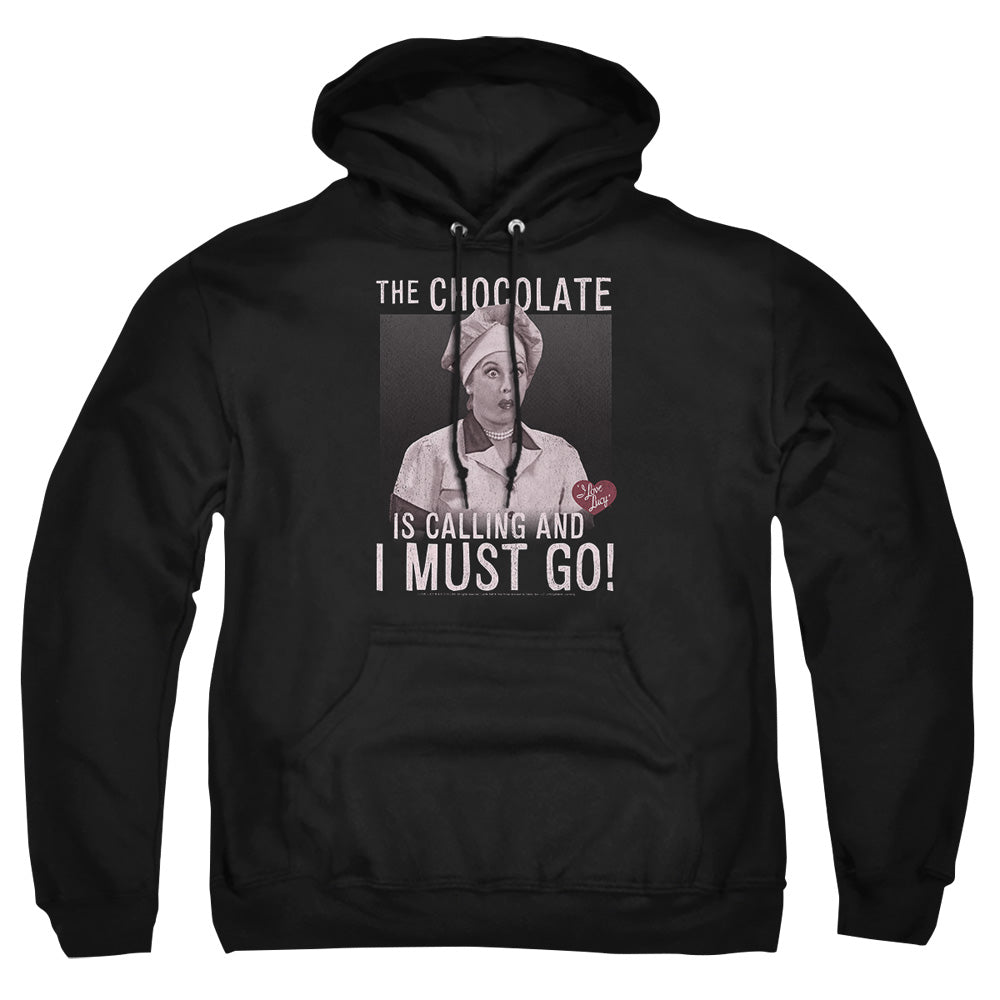 AN OFFCIALLY LICENSED I LOVE LUCY CHOCOLATE CALLING ADULT UNISEX PULLOVER HOODIE BLACK