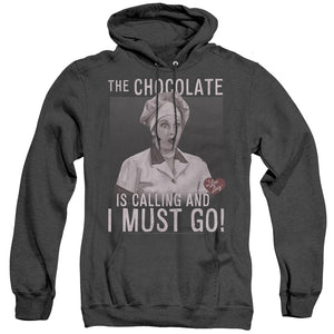 AN OFFCIALLY LICENSED I LOVE LUCY CHOCOLATE CALLING ADULT UNISEX HEATHER PULLOVER HOODIE BLACK