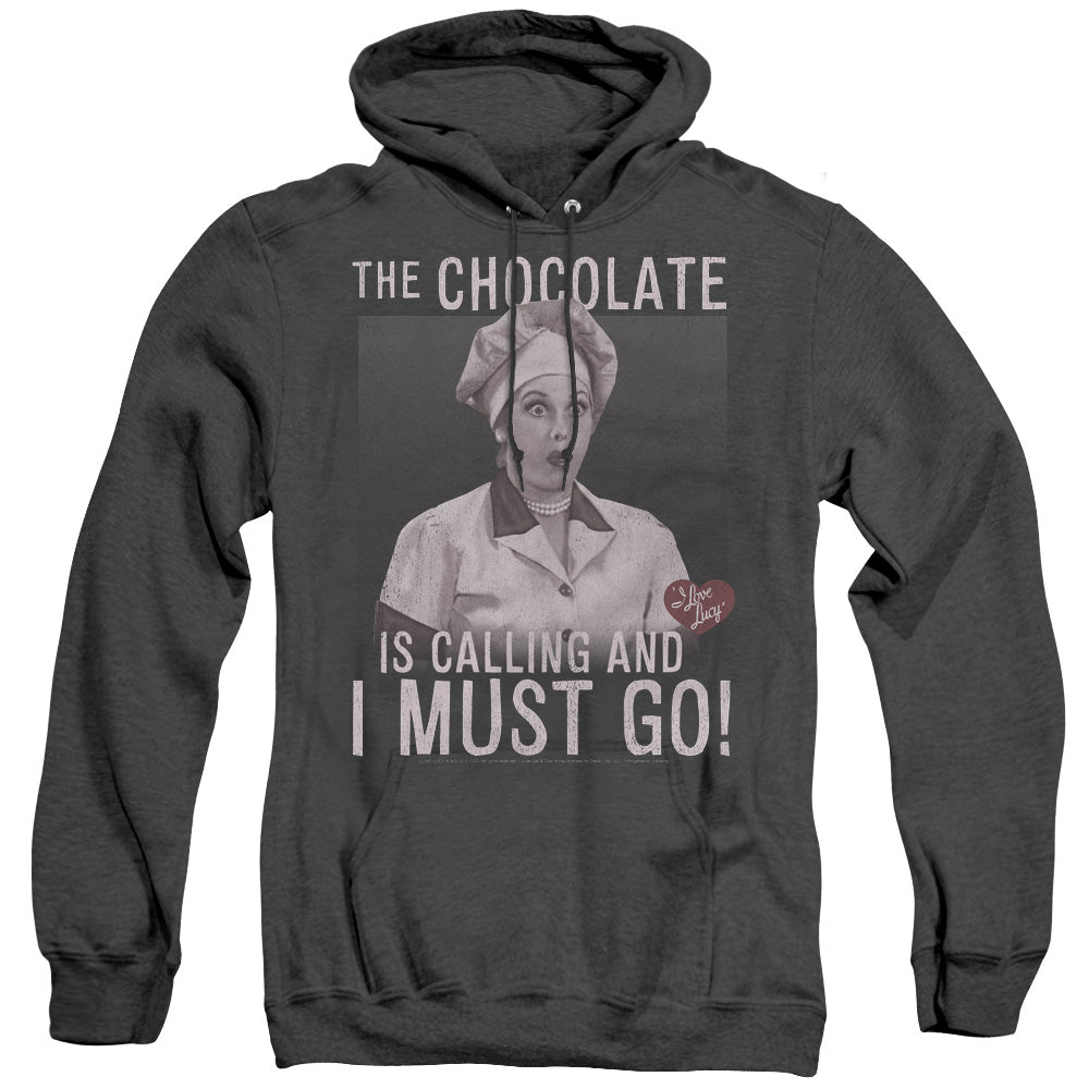 AN OFFCIALLY LICENSED I LOVE LUCY CHOCOLATE CALLING ADULT UNISEX HEATHER PULLOVER HOODIE BLACK