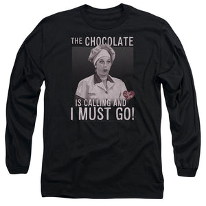 AN OFFCIALLY LICENSED I LOVE LUCY CHOCOLATE CALLING MEN'S LONG SLEEVE T-SHIRT BLACK