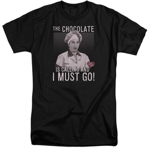 AN OFFCIALLY LICENSED I LOVE LUCY CHOCOLATE CALLING MEN'S TALL FIT T-SHIRT BLACK