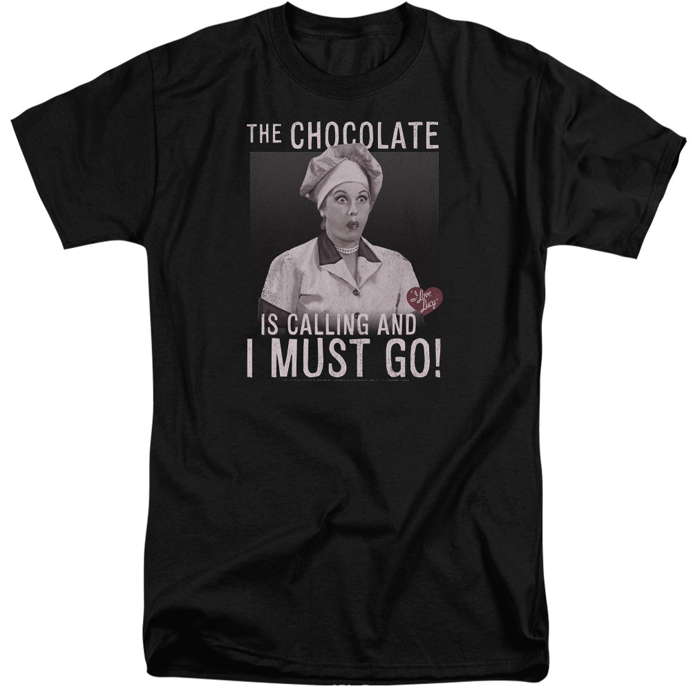 AN OFFCIALLY LICENSED I LOVE LUCY CHOCOLATE CALLING MEN'S TALL FIT T-SHIRT BLACK