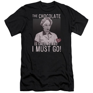 AN OFFCIALLY LICENSED I LOVE LUCY CHOCOLATE CALLING MEN'S PREMIUM SLIM FIT T-SHIRT BLACK