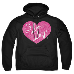 AN OFFCIALLY LICENSED I LOVE LUCY FLORAL LOGO ADULT UNISEX PULLOVER HOODIE BLACK