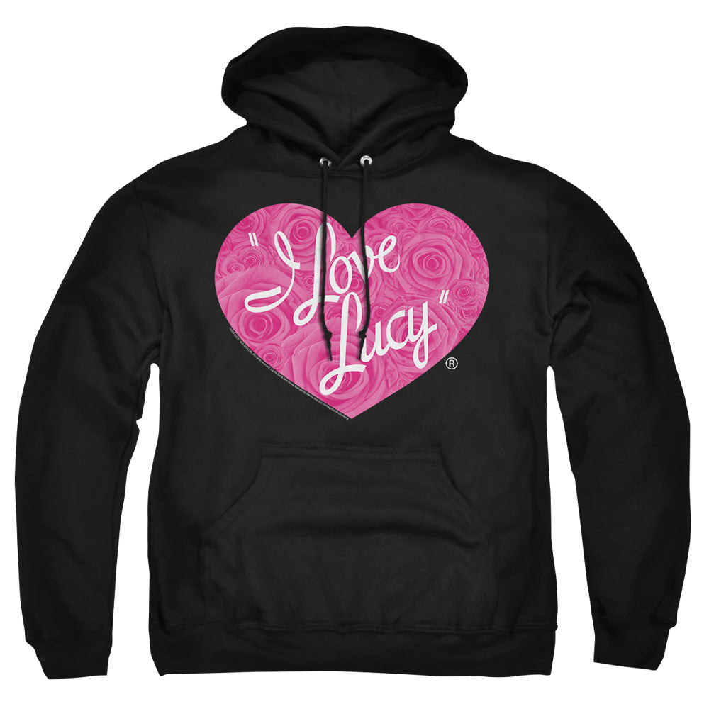 AN OFFCIALLY LICENSED I LOVE LUCY FLORAL LOGO ADULT UNISEX PULLOVER HOODIE BLACK