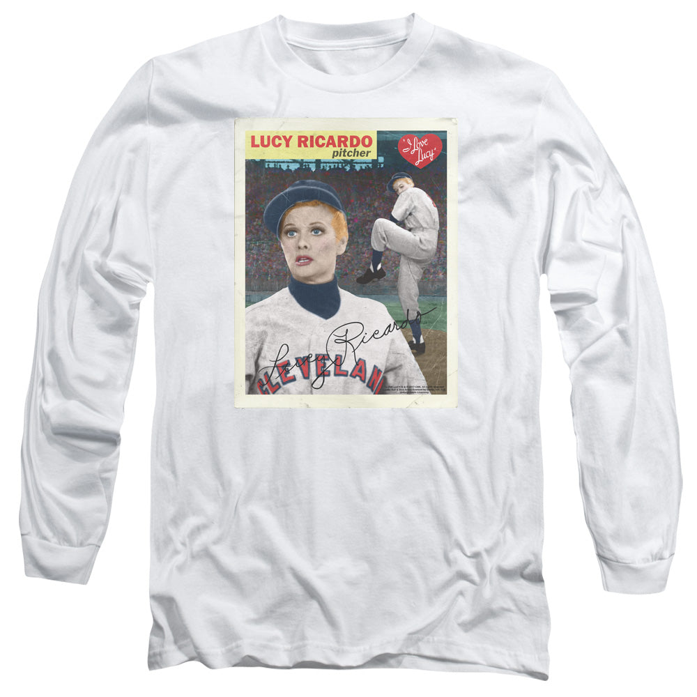 AN OFFCIALLY LICENSED I LOVE LUCY TRADING CARD MEN'S LONG SLEEVE T-SHIRT WHITE