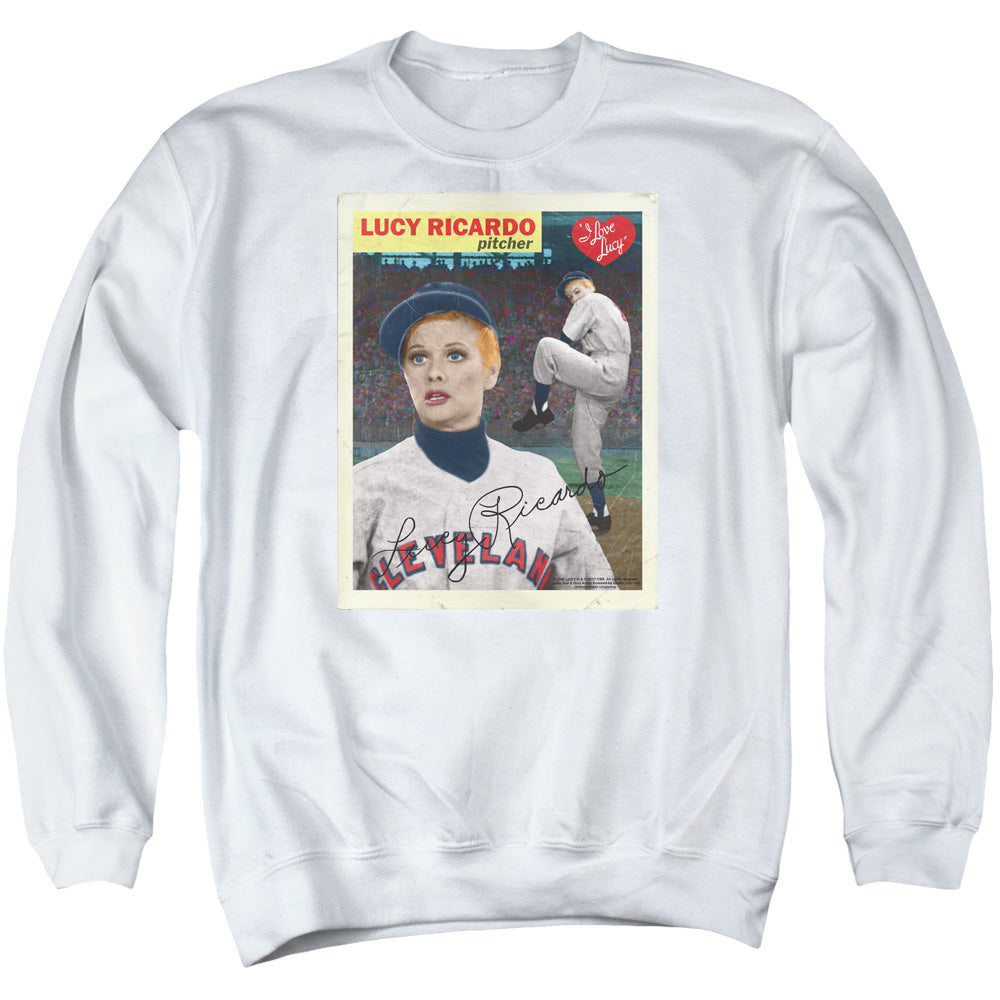 AN OFFCIALLY LICENSED I LOVE LUCY TRADING CARD ADULT UNISEX CREWNECK SWEATSHIRT WHITE