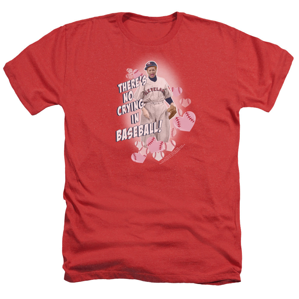AN OFFCIALLY LICENSED I LOVE LUCY NO CRYING IN BASEBALL MEN'S HEATHER T-SHIRT RED