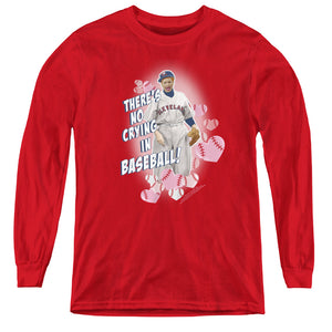 AN OFFCIALLY LICENSED I LOVE LUCY NO CRYING IN BASEBALL YOUTH LONG SLEEVE T-SHIRT RED