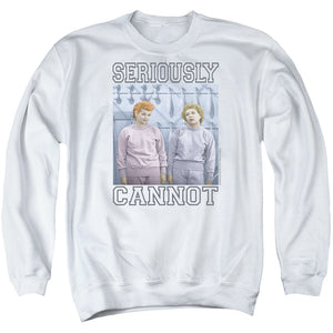 AN OFFCIALLY LICENSED I LOVE LUCY SERIOUSLY CANNOT ADULT UNISEX CREWNECK SWEATSHIRT WHITE